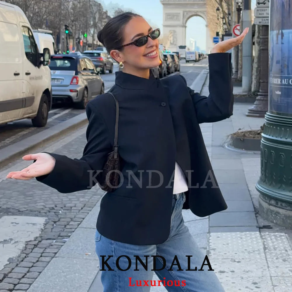 Solid O-Neck Straight Blazer | Wovetsa