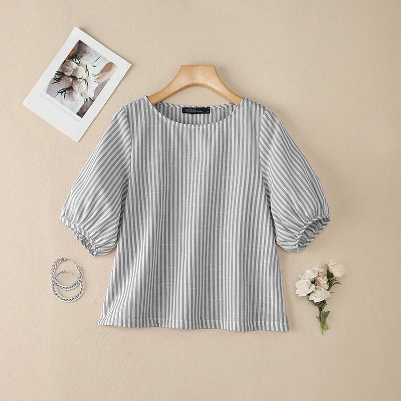 Striped Lantern Sleeve Blouse | Wovetsa