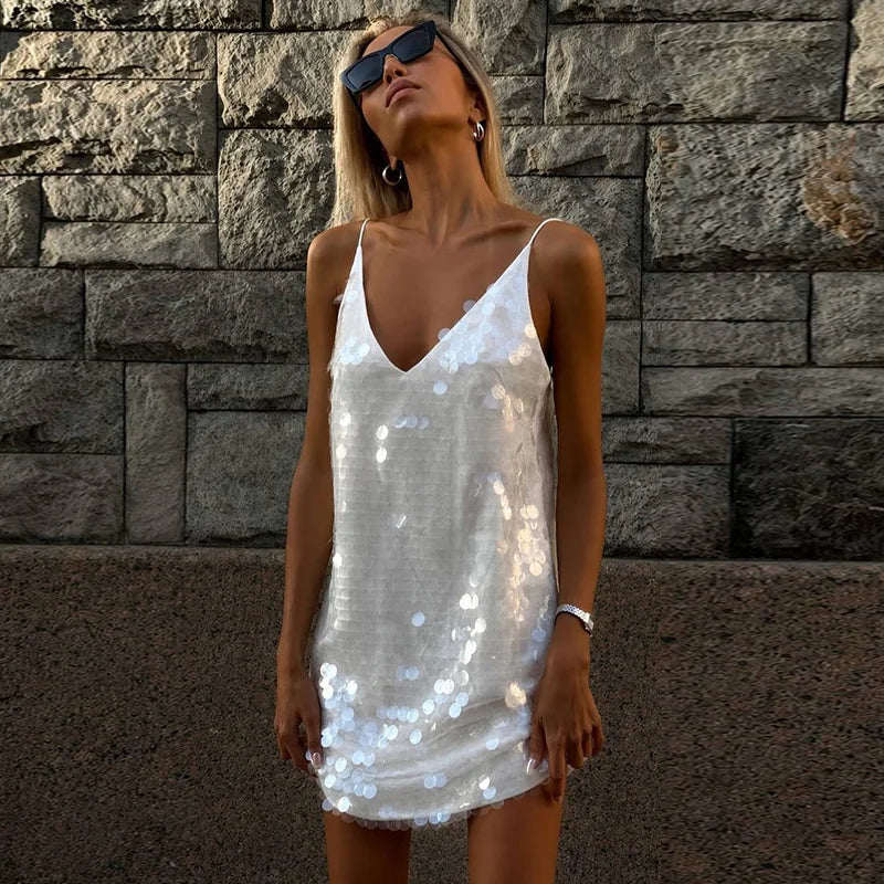 Lace Sequin Spaghetti Strap Mini Dress | Wovetsa
