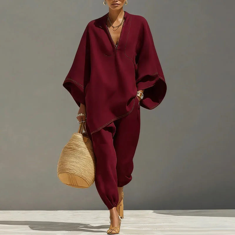 V-Neck Batwing Sleeve Top & Ankle Pants Set | Wovetsa