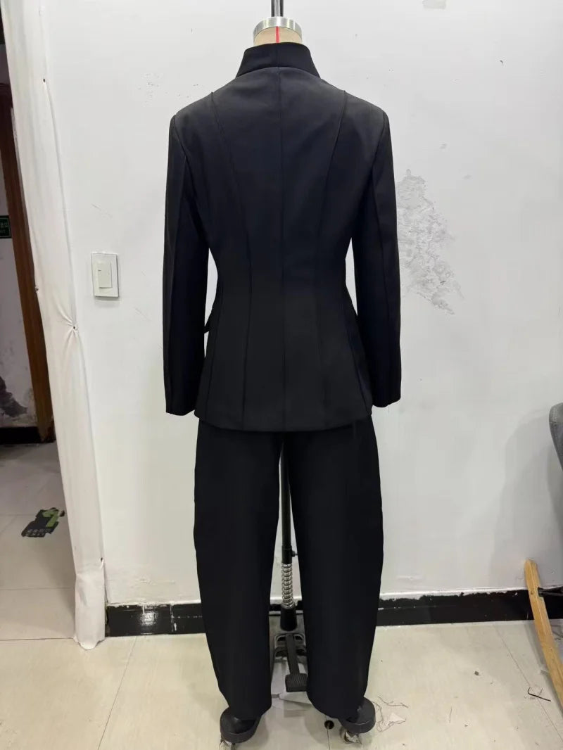 High Collar Slim Blazer & Wide Leg Trouser Set | Wovetsa