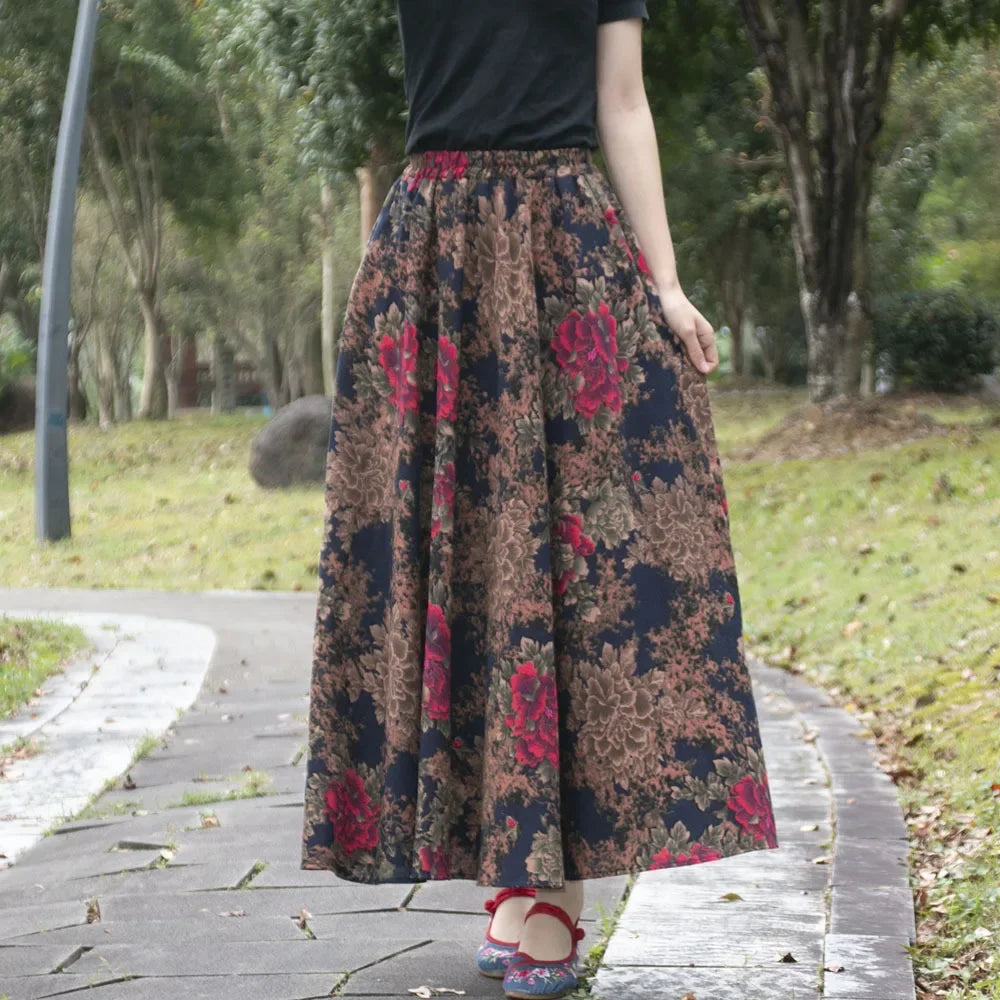 Bohemian Floral Print Cotton Linen Maxi Skirt | Wovetsa