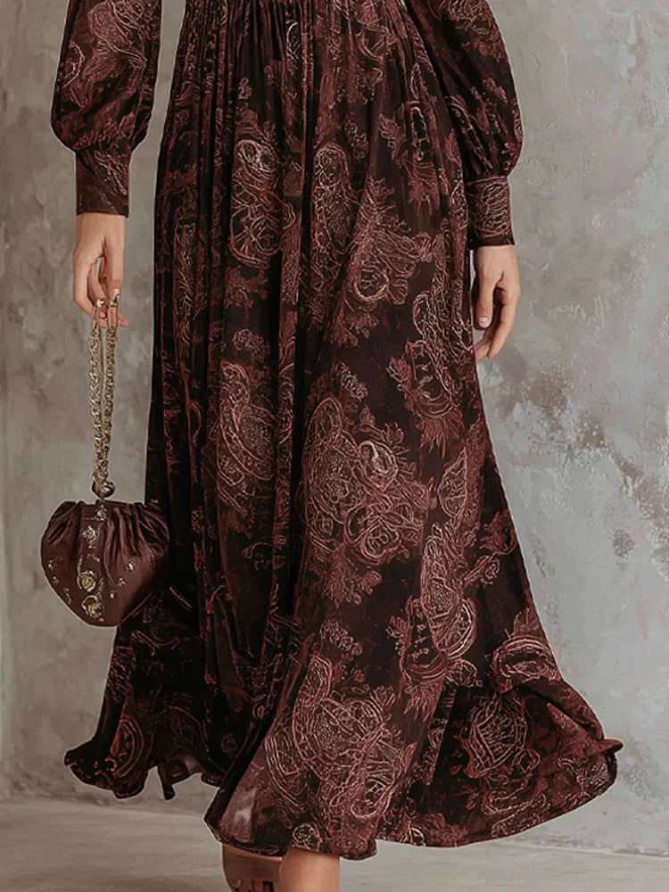 V-Neck Print Long Sleeve Maxi Dress | Wovetsa