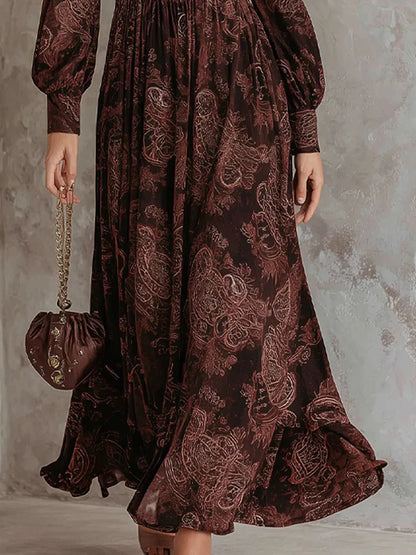 V-Neck Print Long Sleeve Maxi Dress | Wovetsa