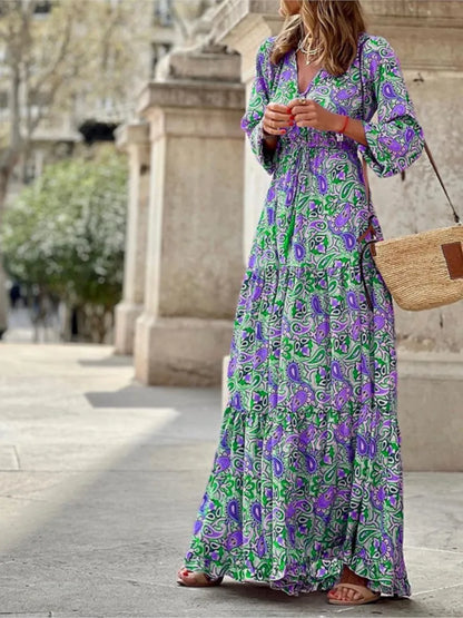 Printed V-Neck Bohemian Maxi Dress | Wovetsa