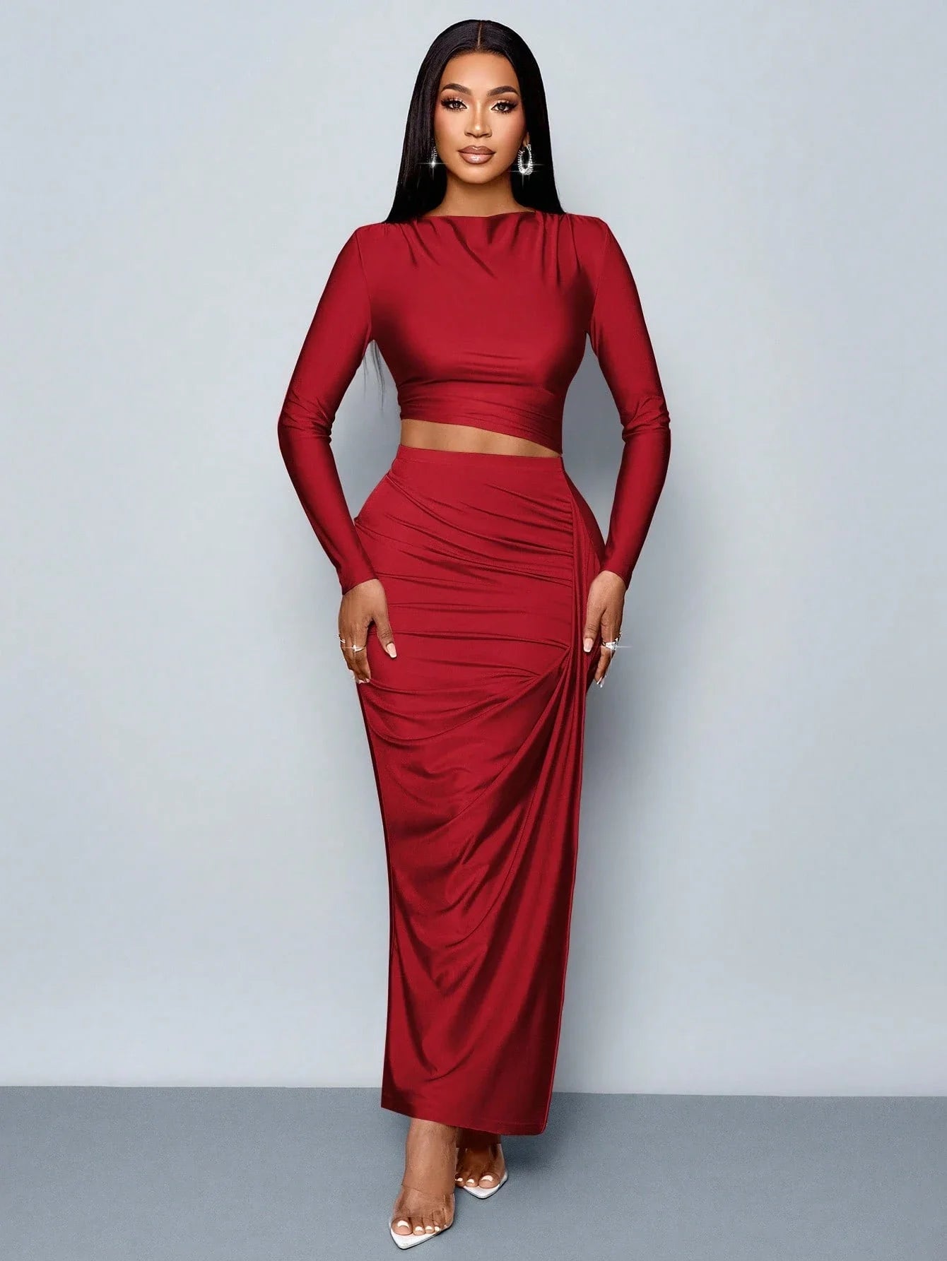 Women's Two Piece Set – Elegant Casual Long Sleeve Top and Pleated Skirt Outfit