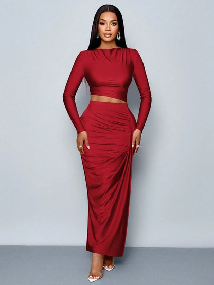 Long Sleeve Top & Pleated Skirt Set | Wovetsa
