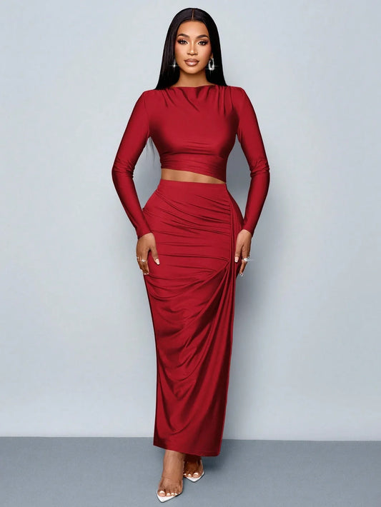 Women's Two Piece Set – Elegant Casual Long Sleeve Top and Pleated Skirt Outfit