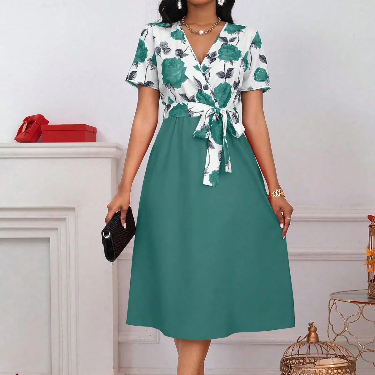 Women's Floral Print V-Neck Tie Waist Midi Dress | Wovetsa