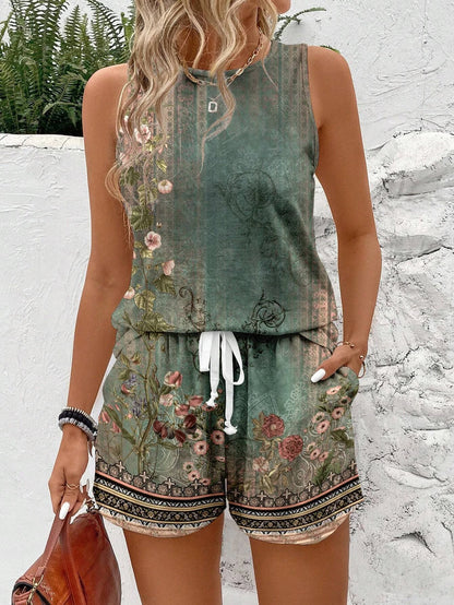 Women's Floral-Print Spring/Summer Casual Tank Top and Drawstring Pocket Shorts Set