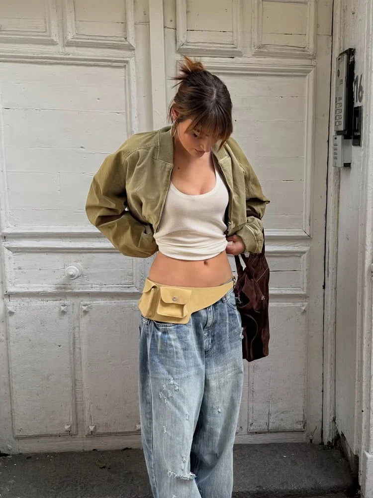 Khaki Lapel Zip Cropped Bomber Jacket | Wovetsa