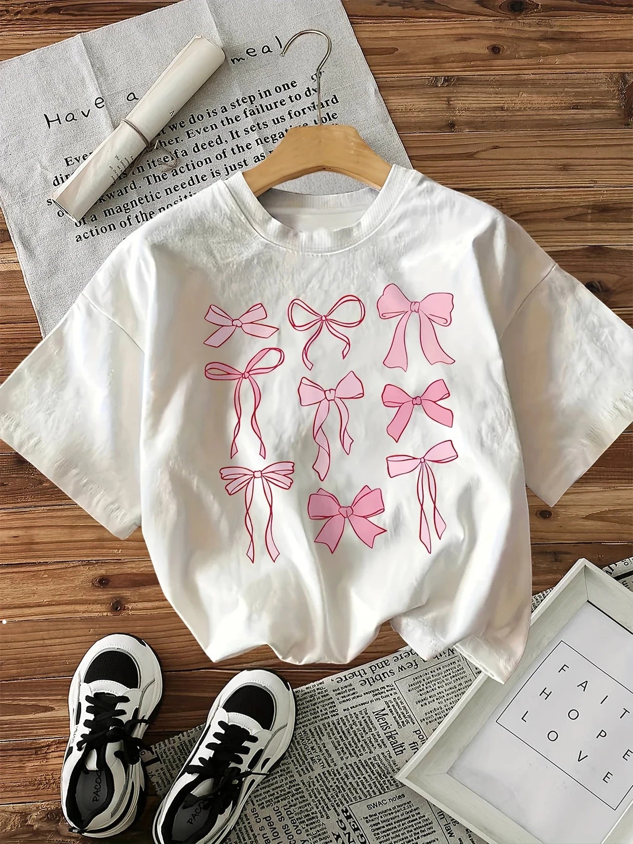 100% Cotton T-shirt Pink Bow Women'S Vintage Style Casual Printed T Shirt Bow Round Neck Short Sleeve Top Tee