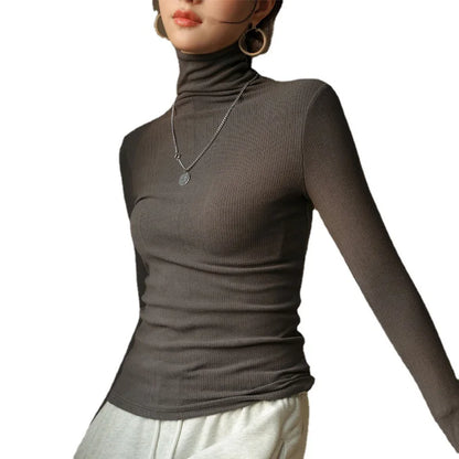 Women T-shirts Long Sleeve High Strecth Slim Fit Bottoming Shirts Casual Korean Turtleneck Warm Autumn Winter Inner Basic Tops