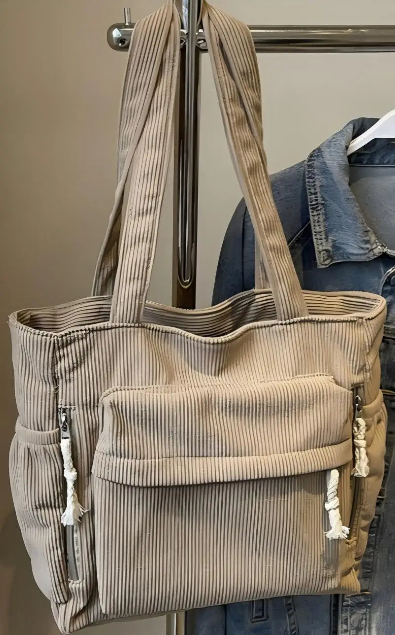 Corduroy Multi-Pocket Shoulder Tote Bag | Wovetsa
