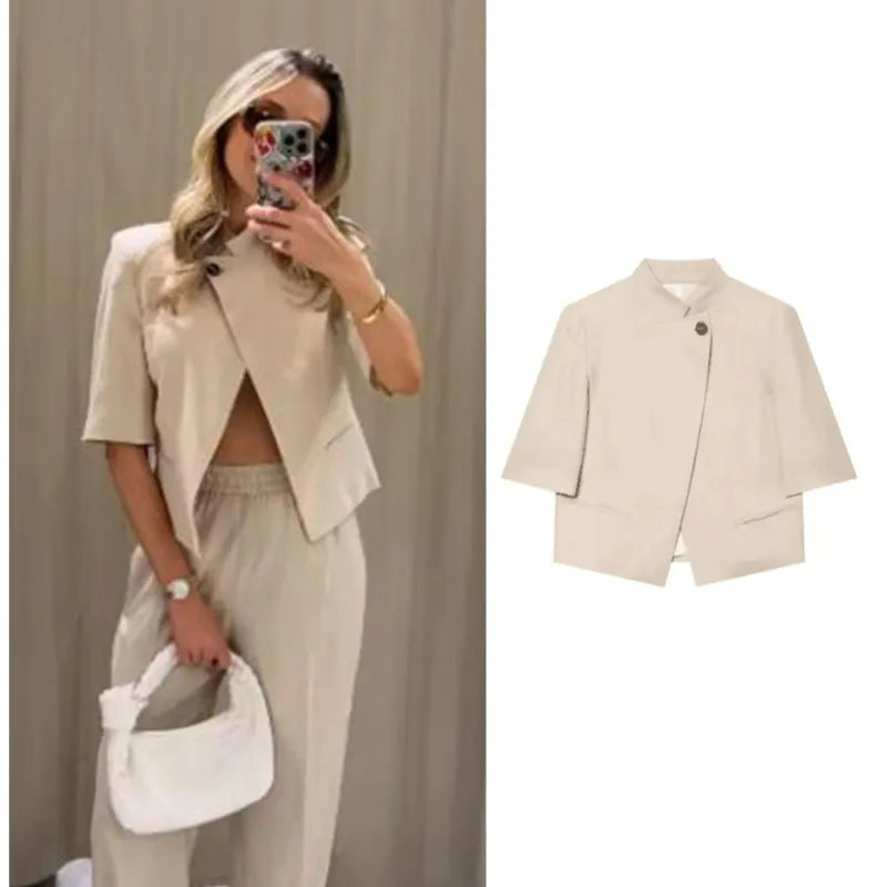 Short Sleeve Blazer with Shoulder Pads | Wovetsa