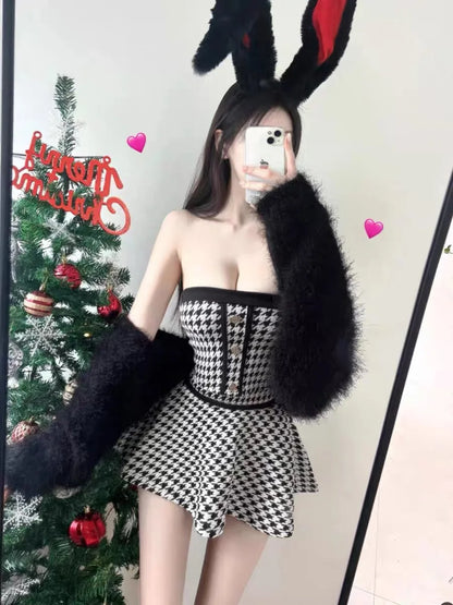 Dongda Gate New Style Women's Fashion Set Pure Desire Shoulder Bared Tube Top Vest High Waist Short Skirt Polyester Fiber