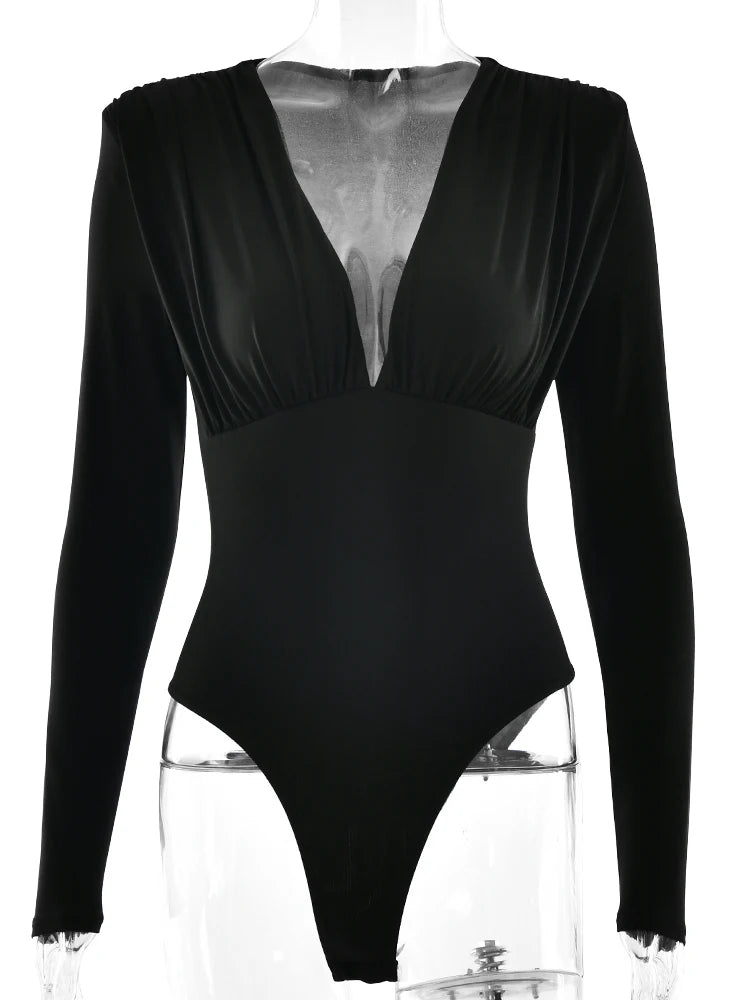 JULISSA MO Sexy Deep V-neck Long Sleeve Women Bodysuit Black High Waist Ruched Playsuit Autumn Slim Elegant Party Clubwear 2025
