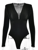 JULISSA MO Sexy Deep V-neck Long Sleeve Women Bodysuit Black High Waist Ruched Playsuit Autumn Slim Elegant Party Clubwear 2025