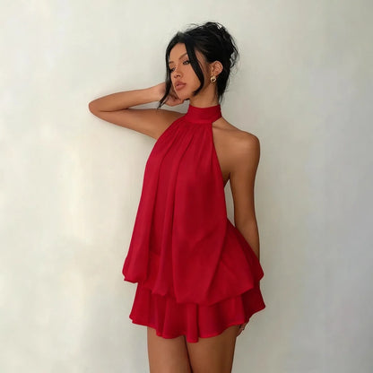 Halter Neck Backless Tie-Front Mini Dress | Wovetsa