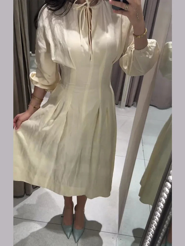 O-Neck Lace-Up Lantern Sleeve A-Line Midi Dress | Wovetsa