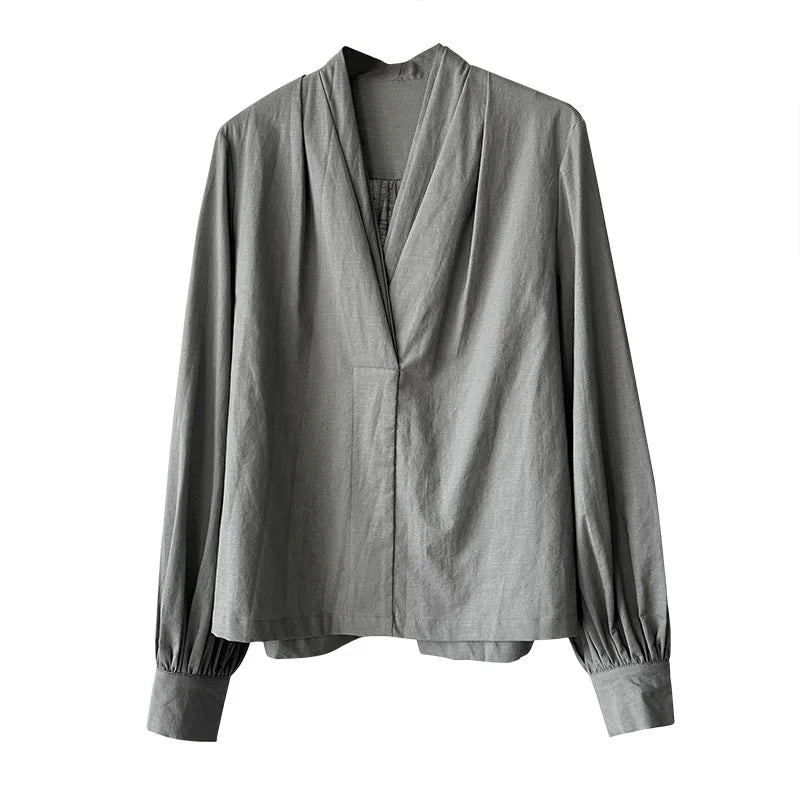 V-Neck Puff Sleeve Cotton Linen Blouse | Wovetsa
