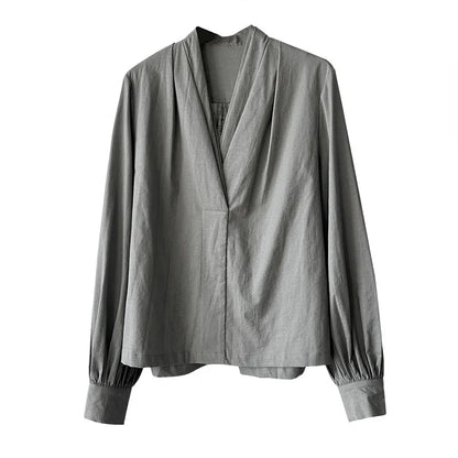 V-Neck Puff Sleeve Cotton Linen Blouse | Wovetsa
