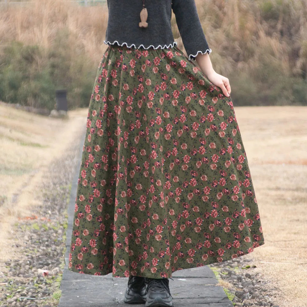 Bohemian Floral Print Cotton Linen Maxi Skirt | Wovetsa