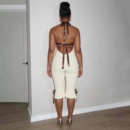 Lace-Up Halter Bow Backless Y2K Jumpsuit | Wovetsa