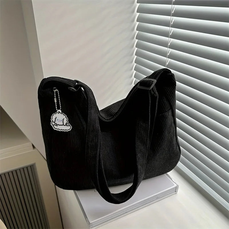 Corduroy Half-Moon Shoulder Bag with Hat Patch | Wovetsa