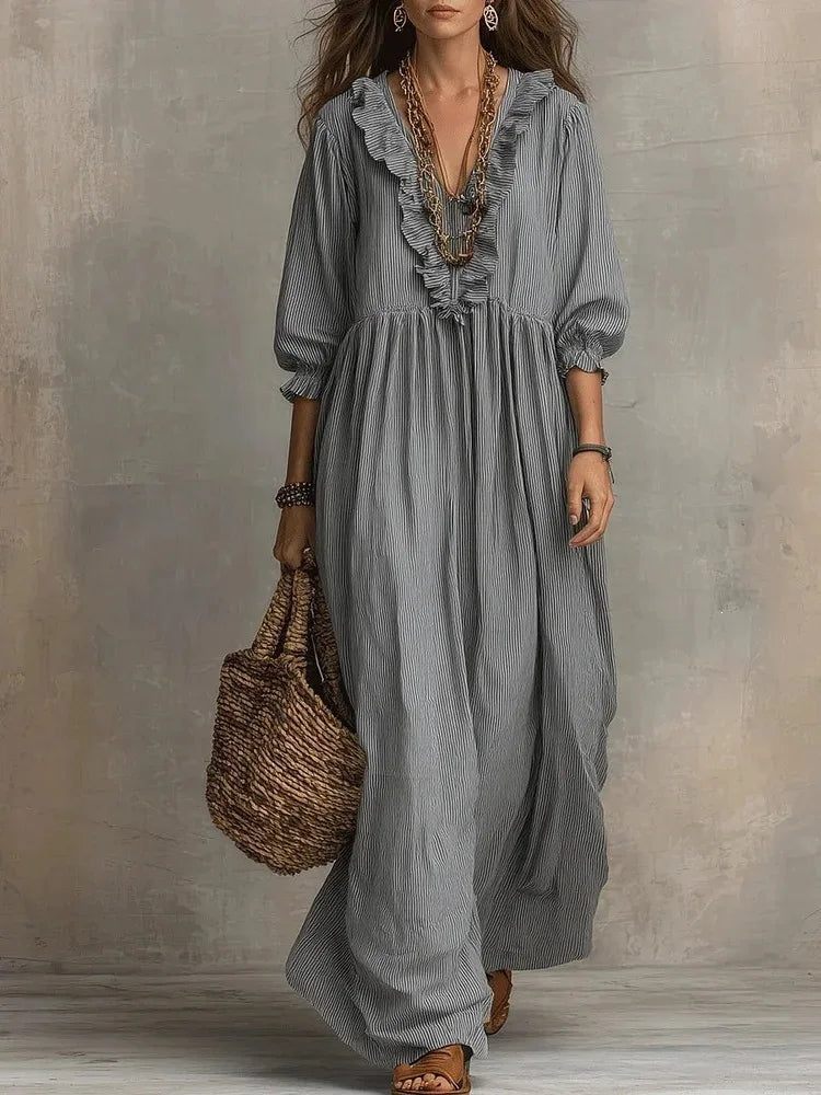 Striped Ruffle Lantern Sleeve Maxi Dress | Wovetsa