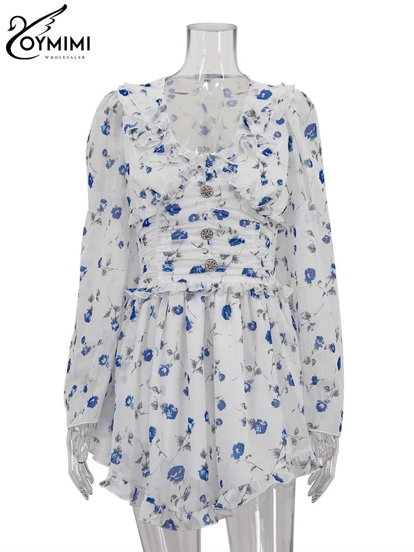 V-Neck Ruffled Print Mini Dress | Wovetsa