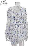 V-Neck Ruffled Print Mini Dress | Wovetsa