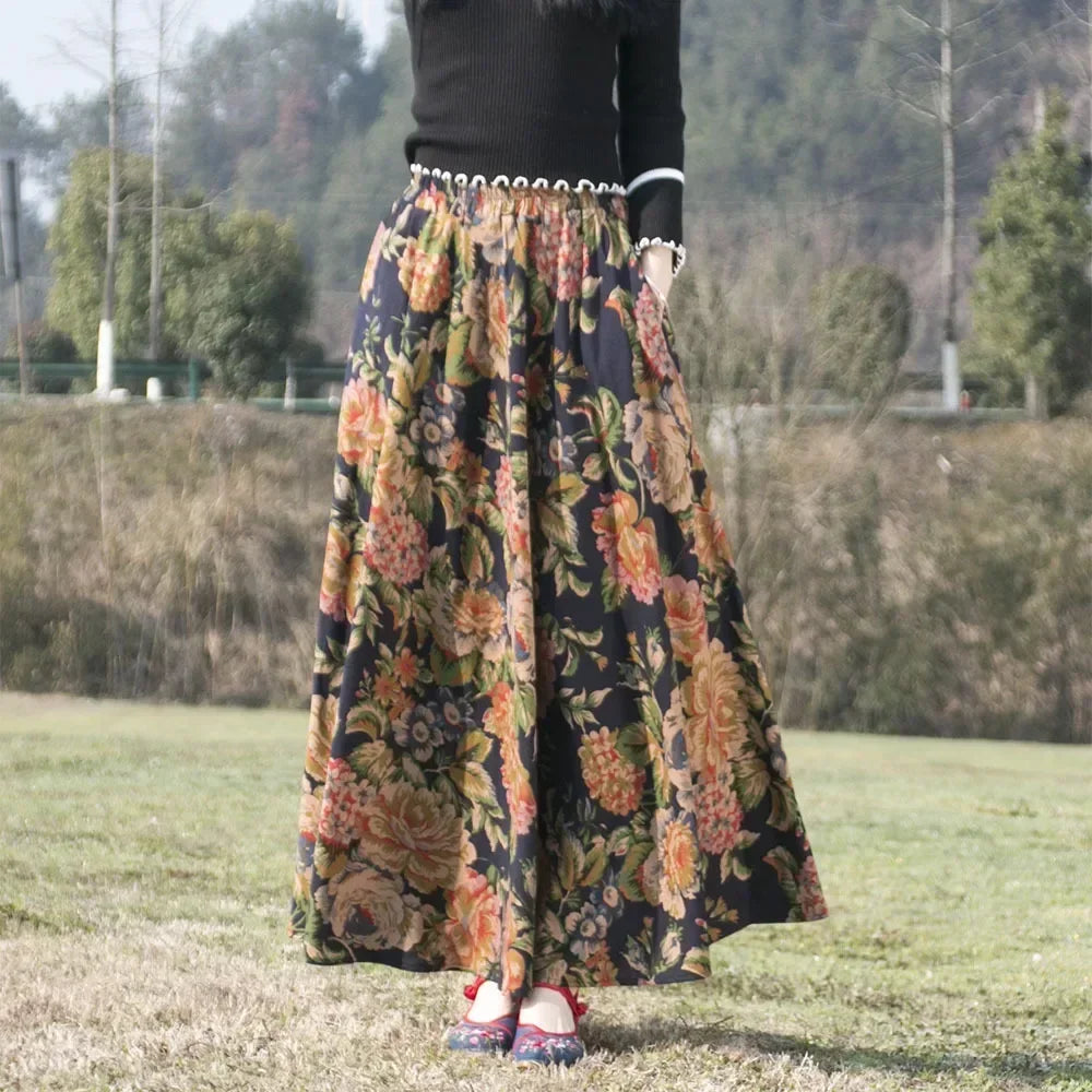 Bohemian Floral Print Cotton Linen Maxi Skirt | Wovetsa