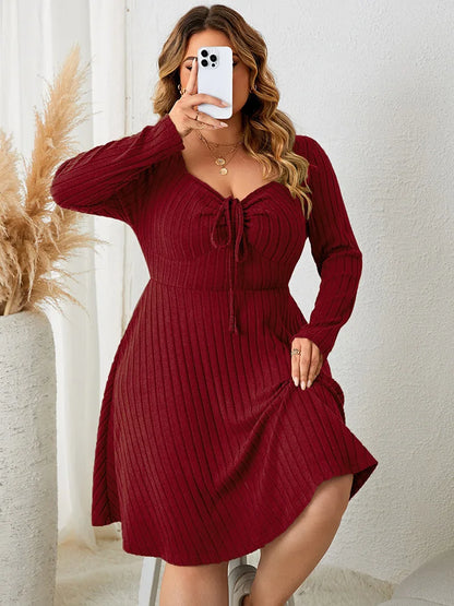 GIBSIE Plus Size Sweettheart Neck Knot Front A-Line Dress Women Fall New Vintage Long Sleeve Ribbed Knit Casual Winter Dresses