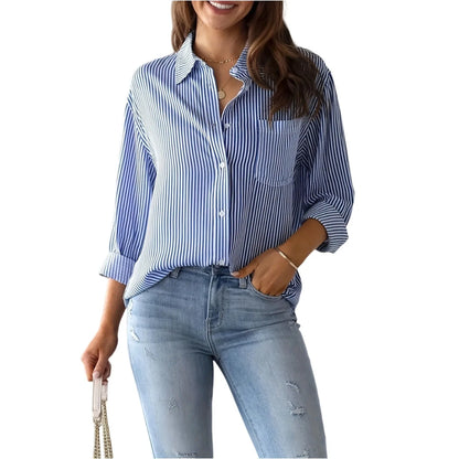 Autumn Striped Shirt for Women Long-Sleeved Lapel Single-Breasted Casual Shirts Elegant and Stylish Women's Commuter Shirt