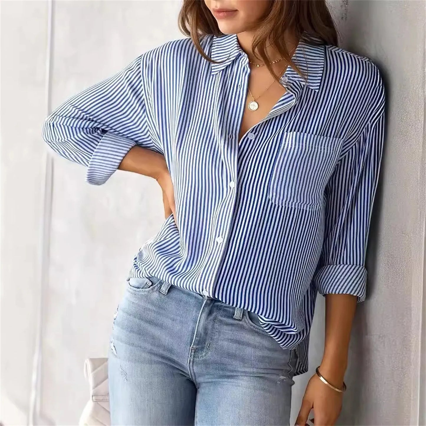 Autumn Striped Shirt for Women Long-Sleeved Lapel Single-Breasted Casual Shirts Elegant and Stylish Women's Commuter Shirt