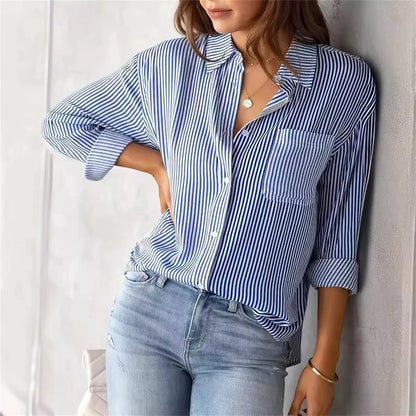 Autumn Striped Shirt for Women Long-Sleeved Lapel Single-Breasted Casual Shirts Elegant and Stylish Women's Commuter Shirt