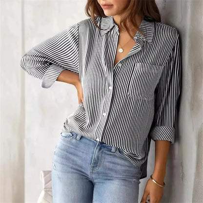 Autumn Striped Shirt for Women Long-Sleeved Lapel Single-Breasted Casual Shirts Elegant and Stylish Women's Commuter Shirt