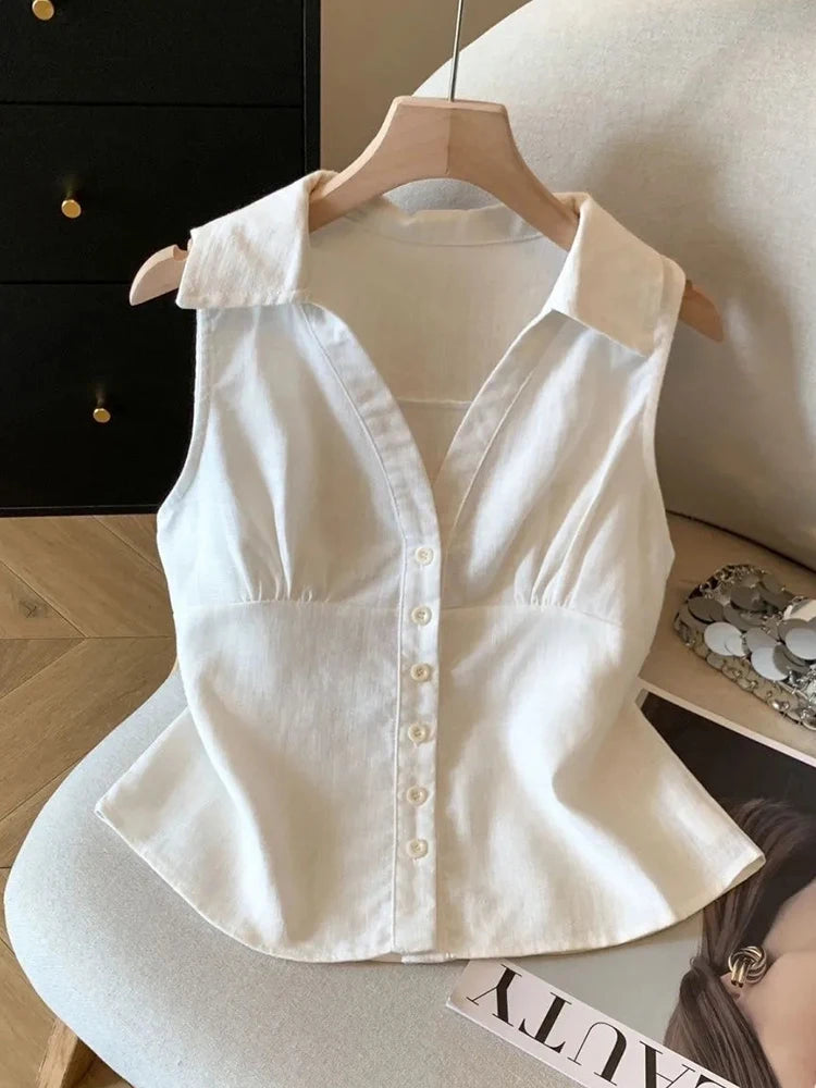 V-Neck Sleeveless Linen Blend Shirt | Wovetsa