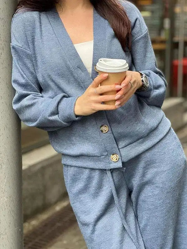 V-Neck Single-Breasted Cardigan & Pants Set | Wovetsa