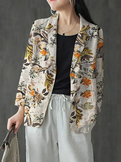 Floral Print Cotton Lapel Blazer Loose Fit | Wovetsa