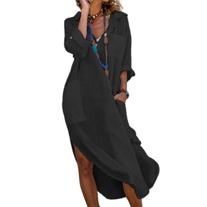 Women's Cotton Linen Shirt Dress – Oversized Casual Midi Dress with V-Neck