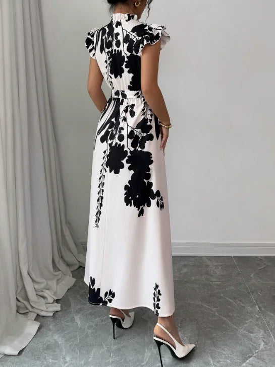 Women's Elegant Black White Midi Dress | Belted A-Line Sleeveless Summer Dress