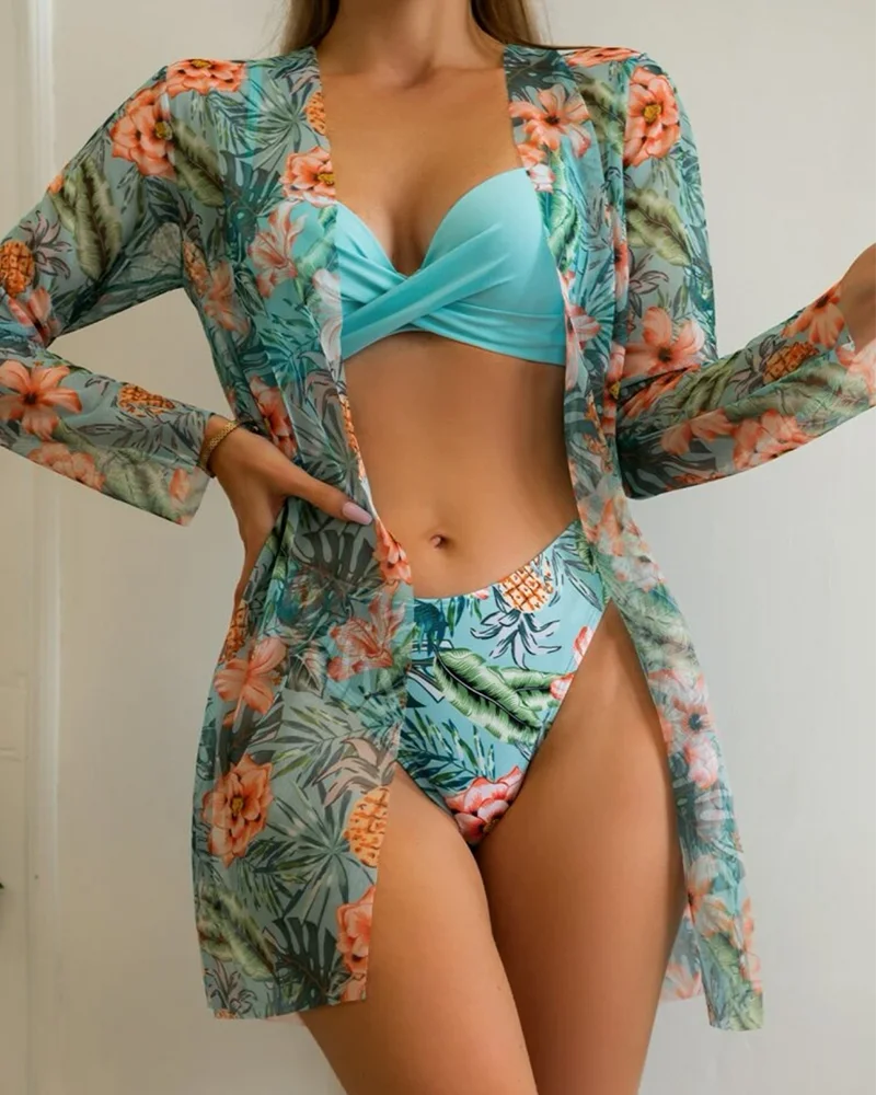 Floral Push-Up Bikini Set with Cover-Up | Wovetsa