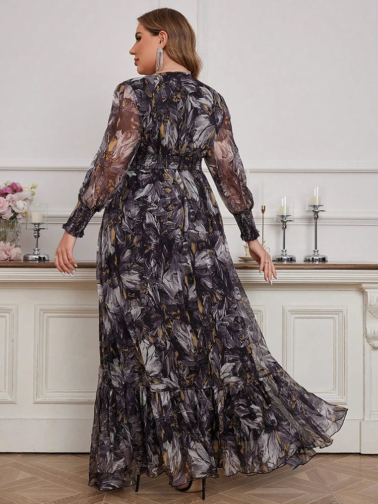 Plus Size Floral V-Neck Lantern Sleeve Maxi Dress | Wovetsa