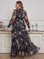 Plus Size Floral V-Neck Lantern Sleeve Maxi Dress | Wovetsa