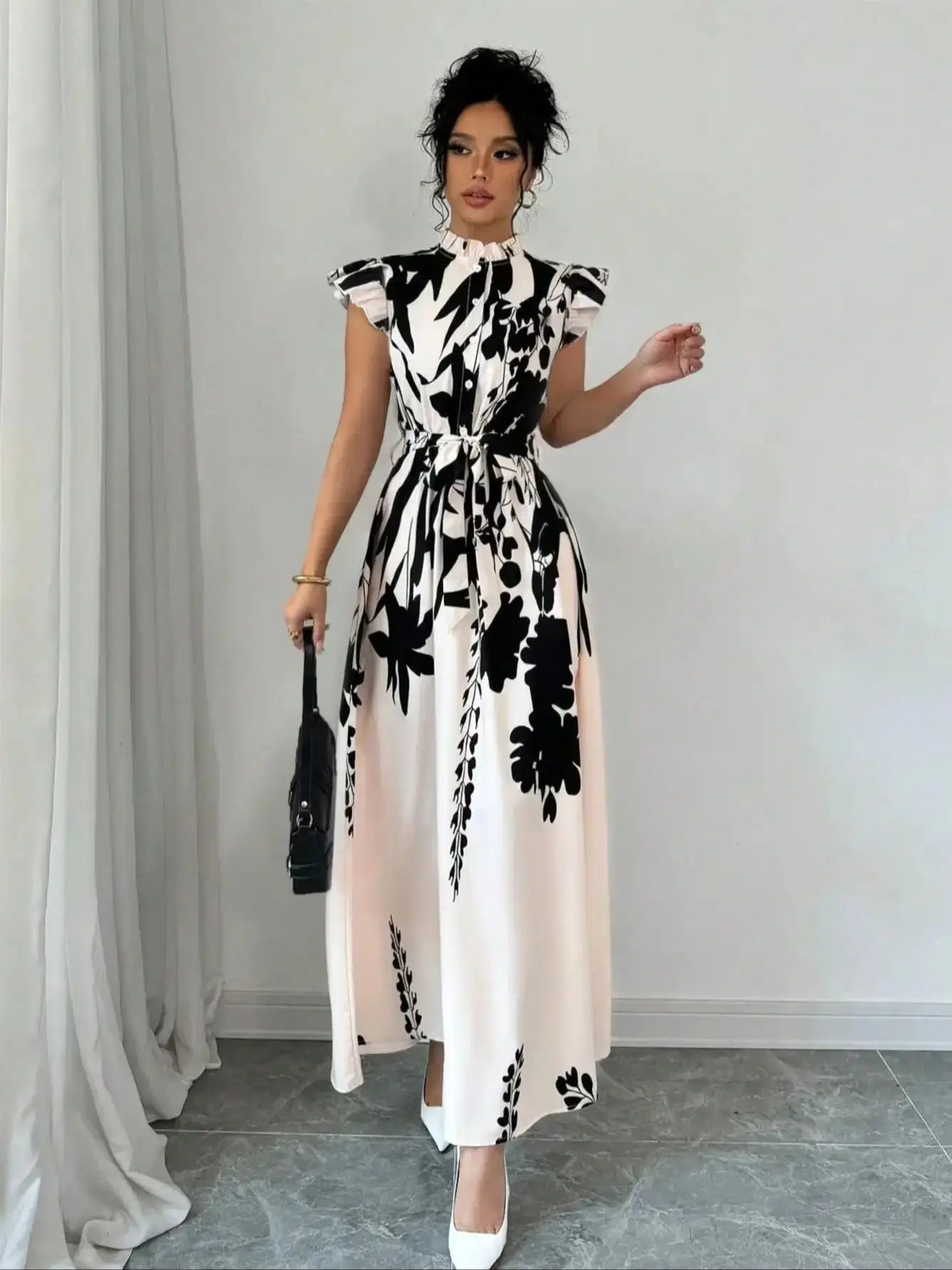 Women's Elegant Black White Midi Dress | Belted A-Line Sleeveless Summer Dress
