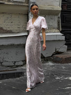 V-Neck Floral Print Flutter Sleeve Maxi Dress | Wovetsa