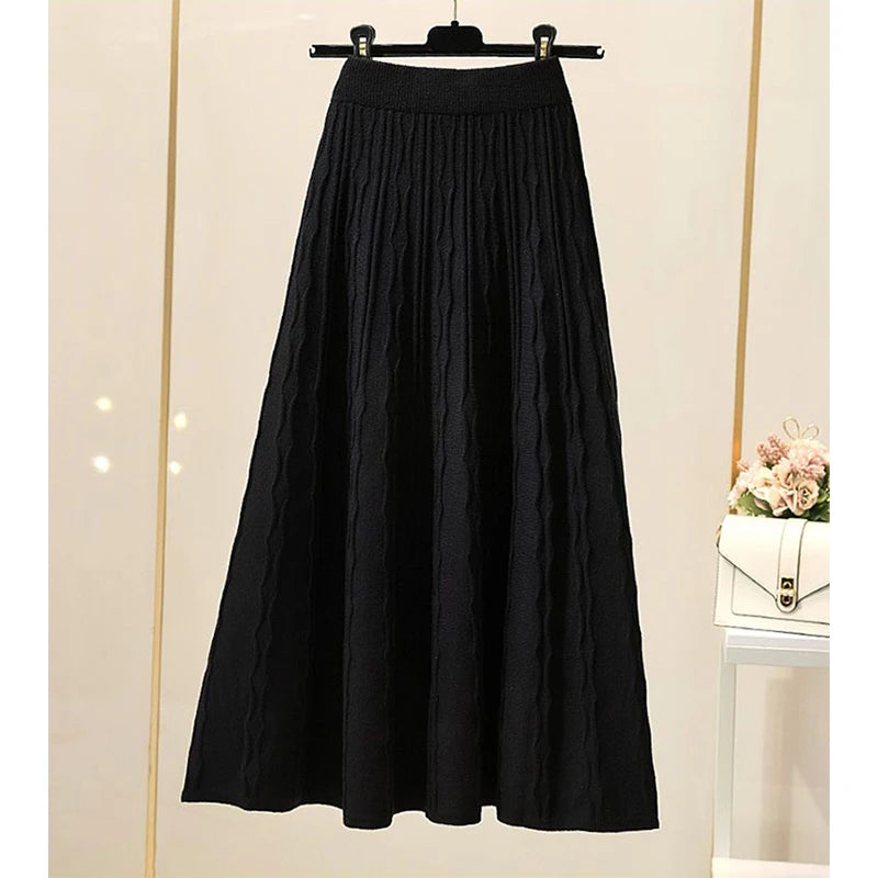 MEXZT Vintage Knitted Midi Skirts Women Black High Waist Sweater Skirt Winter Ladies Korean Slim All Match Chic A Line Faldas