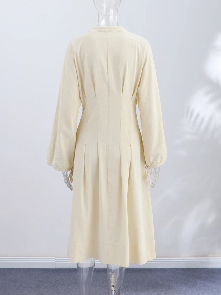 O-Neck Lace-Up Lantern Sleeve A-Line Midi Dress | Wovetsa